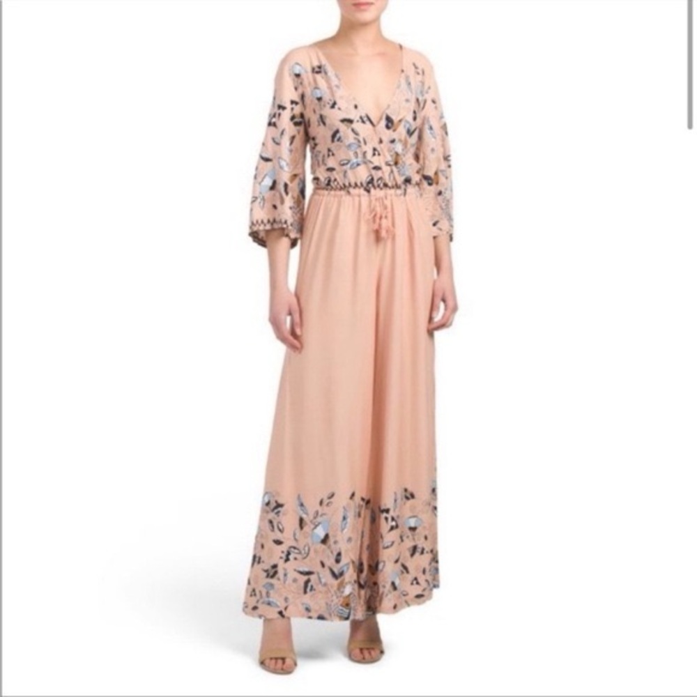 Anthropologie Jaase Floral Dandelion Wide Leg Jumpsuit Peach Blue Size XL Women - Picture 5 of 13